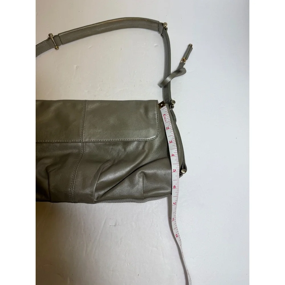 Liz Claiborne Metallic Olive Green Genuine‎ Leather Shoulder Bag Flap Handbag